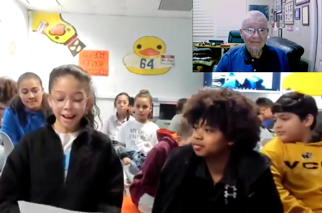 Students participating in a Q&A with astronaut Fred Haise on Zoom